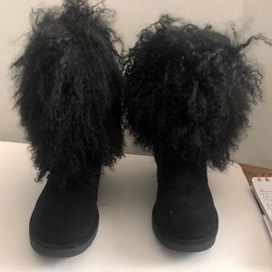 UGG Boots Black Suede Curly Angora Trim
